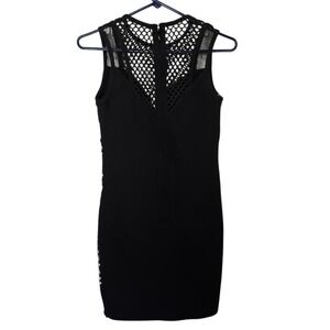 Black Mesh Panel Bodycon Bandage Dress Sleeveless Mini Women's Size Large